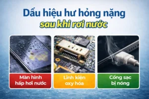 Dấu hiệu điện thoại rơi nước bị hư hỏng nặng như màn hình hấp hơi nước, linh kiện oxy hóa và cổng sạc bị nóng