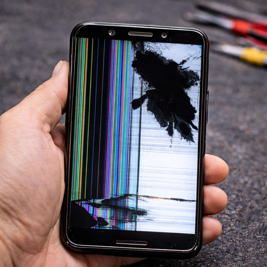 Điện thoại Android hư màn hình với sọc dọc và chảy mực do va đập