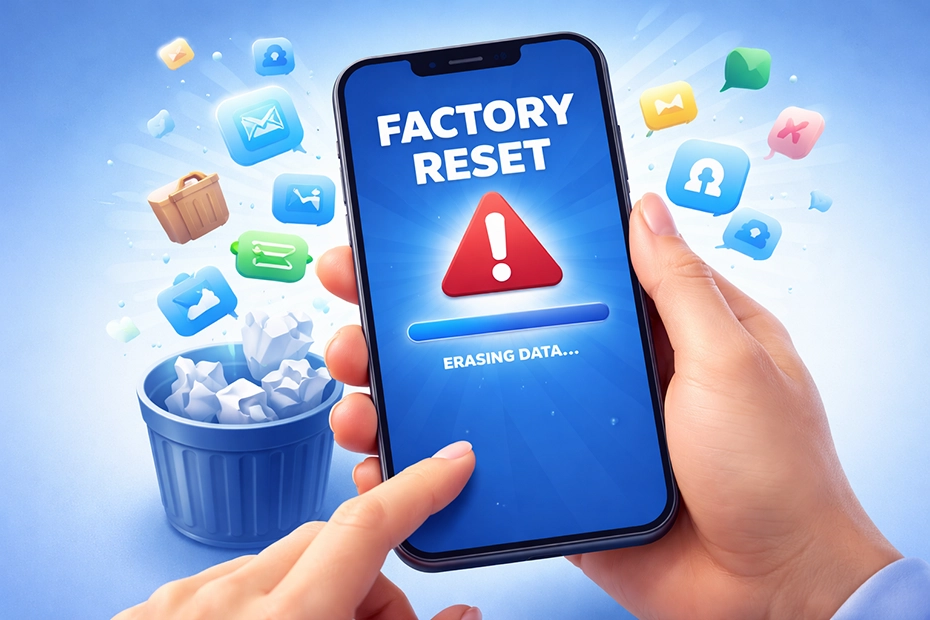 Factory reset điện thoại xóa dữ liệu trong bộ nhớ máy, minh họa quá trình khôi phục cài đặt gốc