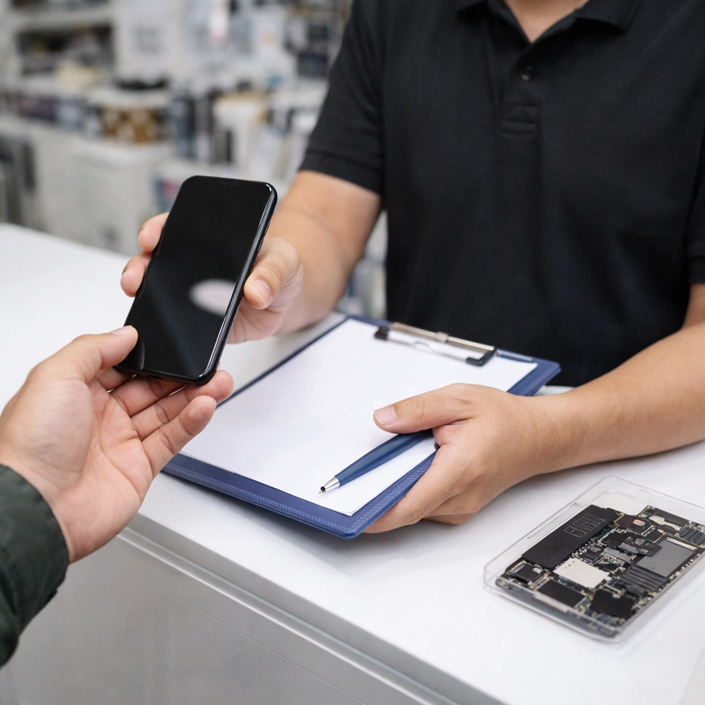 Kỹ thuật viên tiếp nhận và kiểm tra điện thoại trước khi xử lý lỗi phần mềm