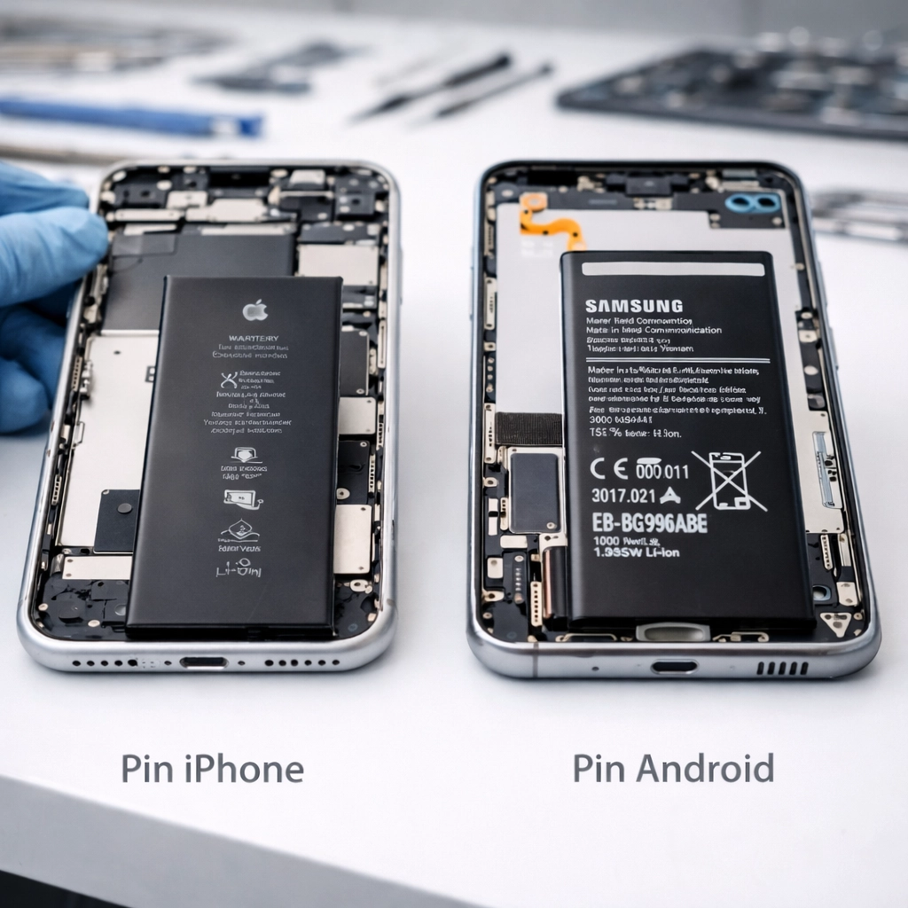 So sánh pin iPhone và pin Android khi tháo máy, hai loại pin khác nhau về kích thước và cấu tạo