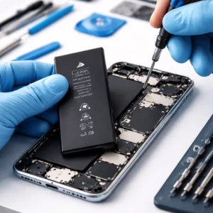 Kỹ thuật viên đang kiểm tra và thay pin điện thoại, pin mới được lắp bên trong máy