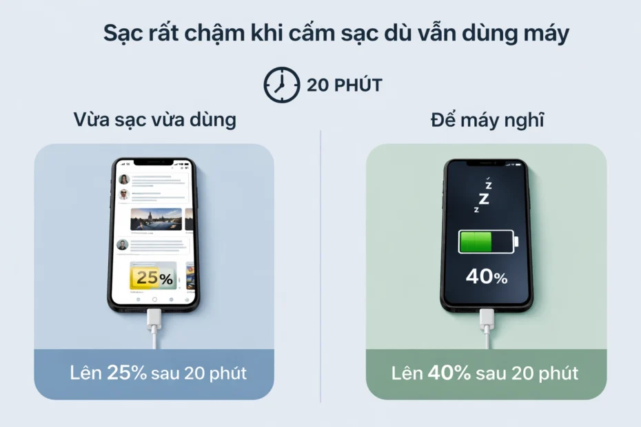 Điện thoại sạc rất chậm khi vừa sạc vừa dùng so với để máy nghỉ hoàn toàn trong 20 phút