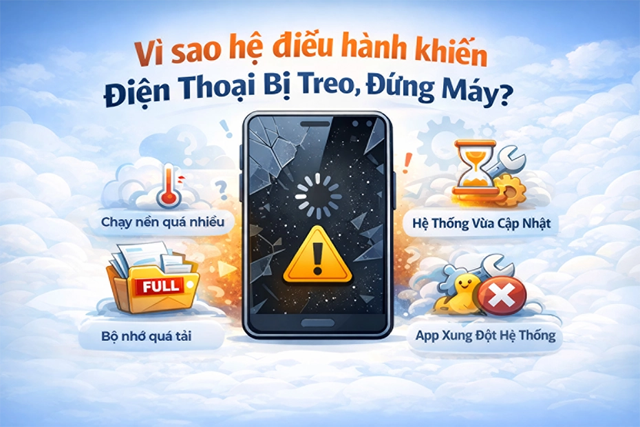 Hệ điều hành khiến điện thoại bị treo, đứng máy do chạy nền quá nhiều, bộ nhớ quá tải và ứng dụng xung đột