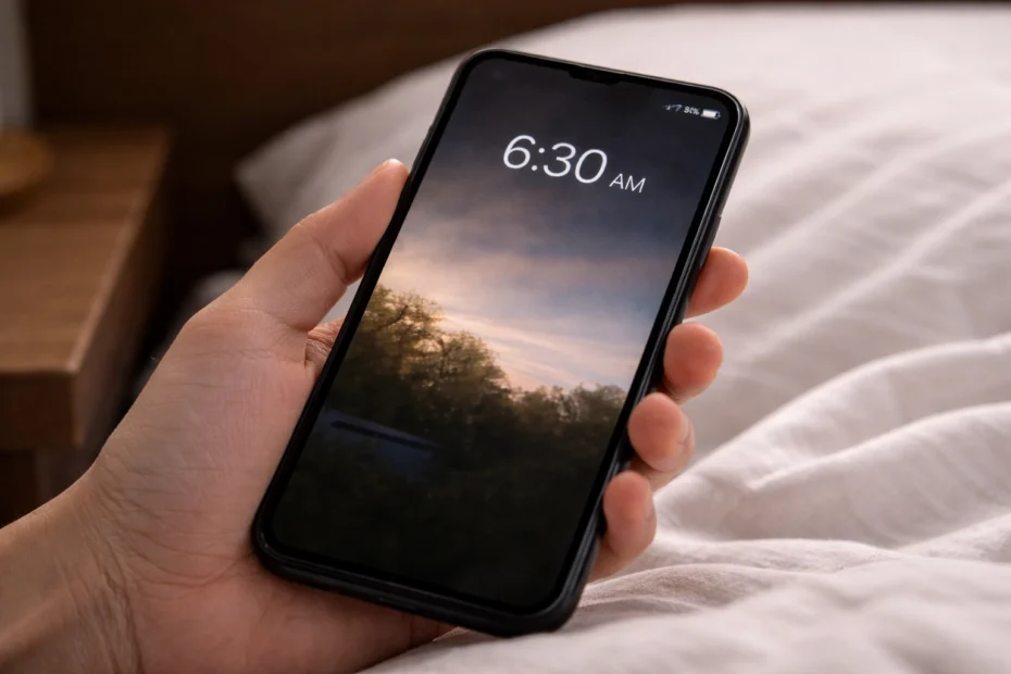 Người dùng cầm điện thoại vào buổi sáng với mức pin còn thấp dù không sử dụng ban đêm