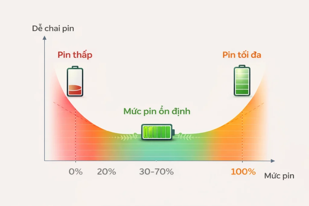 Sạc pin nhiều lần trong ngày có làm pin nhanh chai không – biểu đồ mức pin ổn định 30–70% so với hai thái cực pin thấp và pin 100%