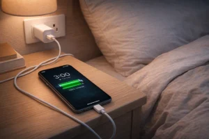 Điện thoại đang sạc pin qua đêm trên bàn cạnh giường ngủ