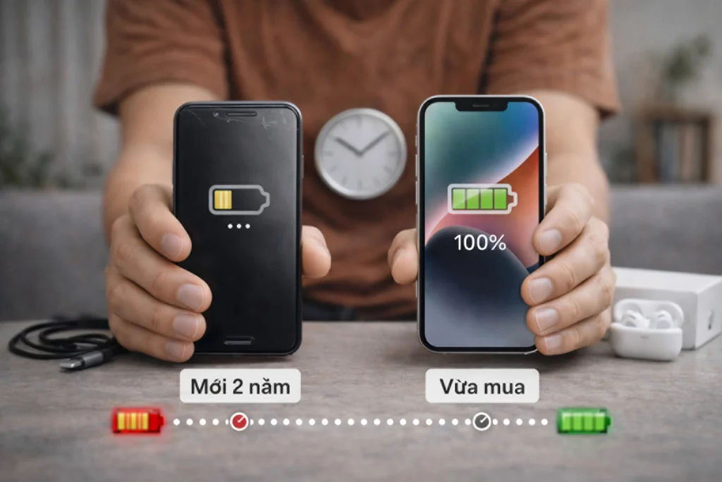 So sánh thời lượng pin giữa điện thoại đã dùng khoảng hai năm và điện thoại vừa mua
